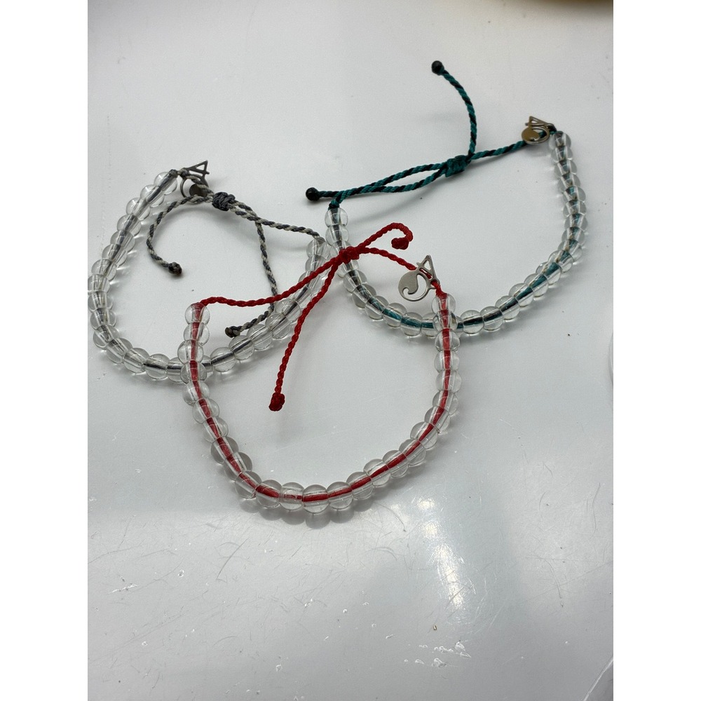 4ocean Beaded Bracelet Lot of 3 Clear Recycled Glass Cord Red Teal Grey